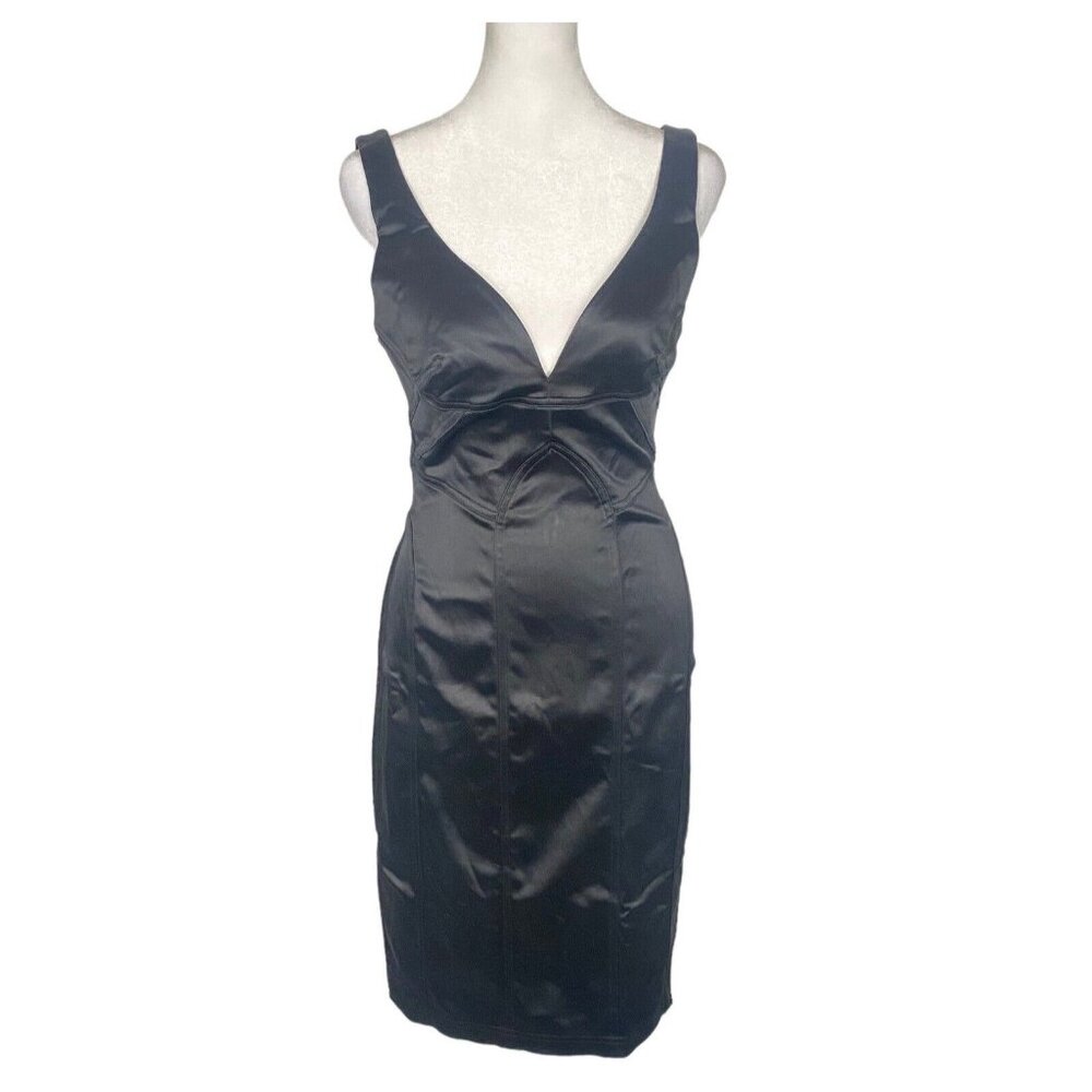 Vtg DAVID MEISTER Women Satin Sleeveless V-Neck Dress‎ Sz 6 Black Cocktail 55-13